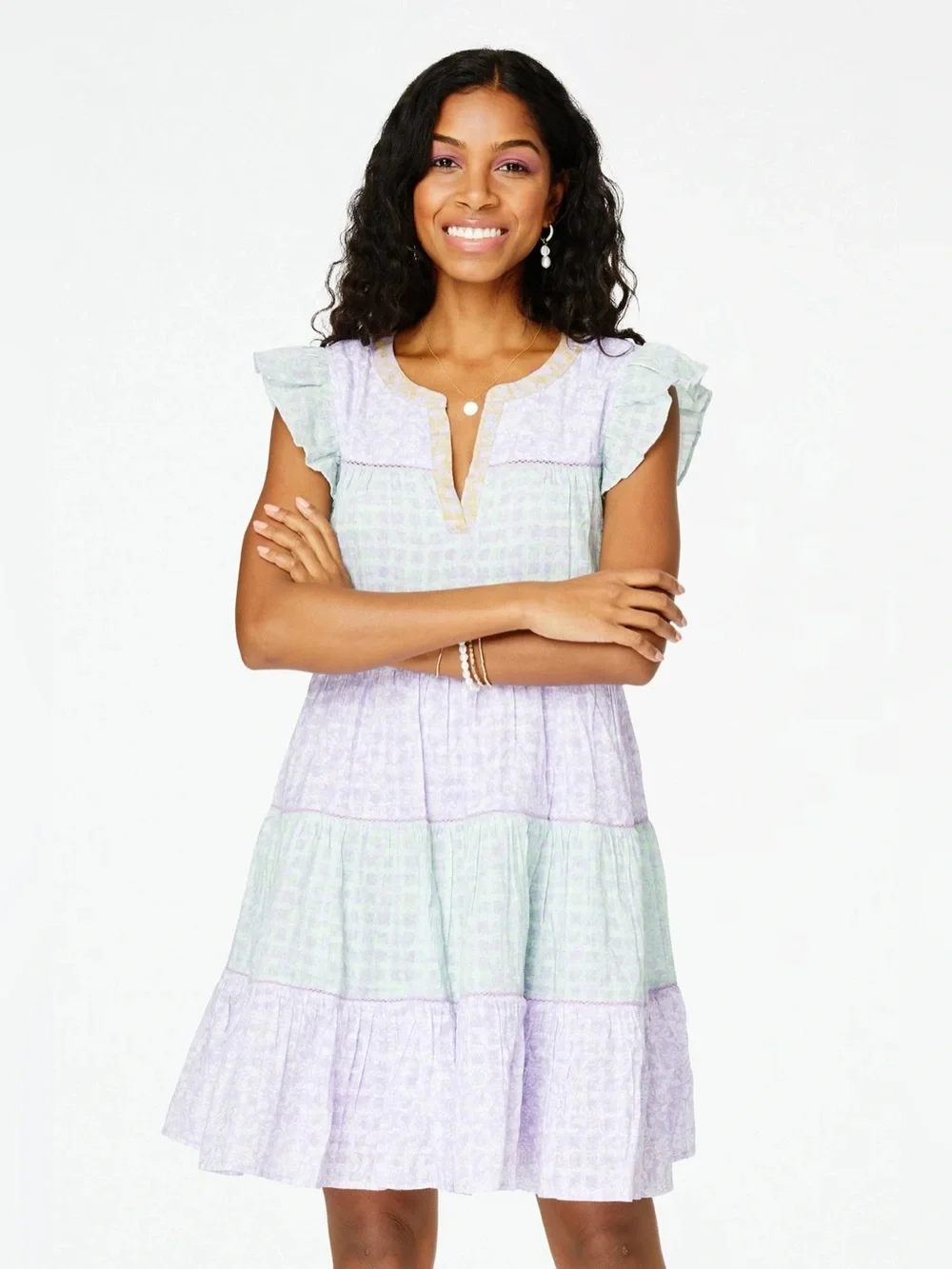 Roller Rabbit Ismay Pippa Tiered Mini Dress Pastel Purple Green Size XS